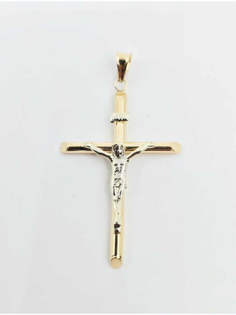 Unique 14k Two Tone Multi Color Gold Designer Jesus On Tube Cross Charm Pendant